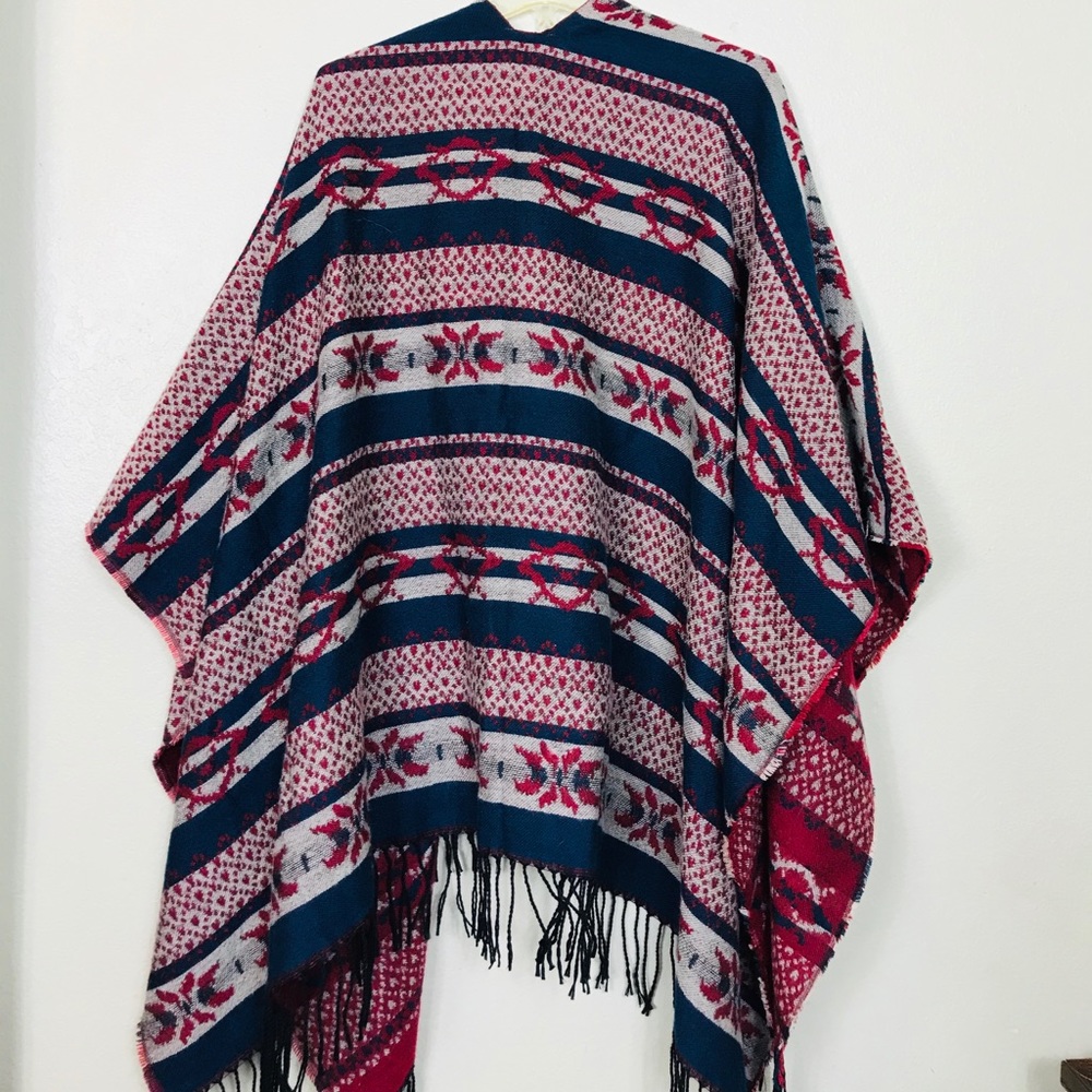 Reversible Lebanese Cape Poncho Boho Fringe Wrap Shawl Red Blue Cozy one size - Picture 7 of 10